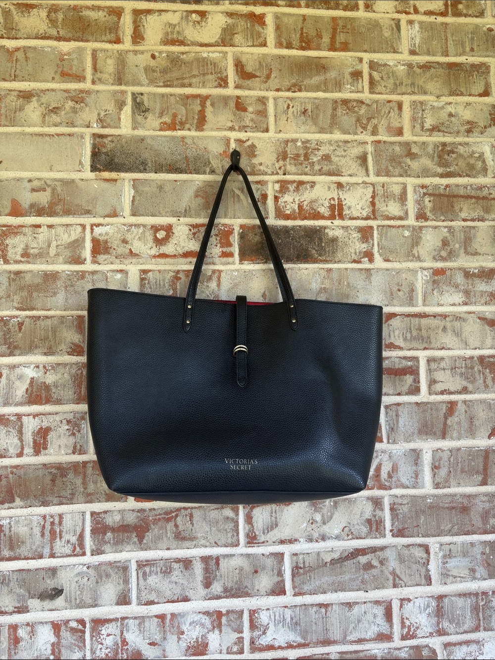 Victoria's Secret Black Pebbled Leather Tote‎ with Red Inside